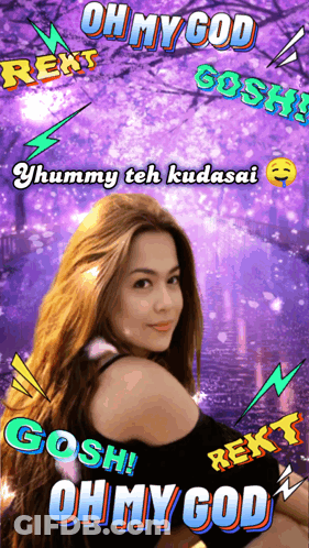 A Woman With Long Hair Is Surrounded By Text That Says " Oh My God " GIF