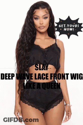 A Woman With Long Hair Is Wearing A Black Lace Front Wig That Says Deep Wave Lace Front Wig Like A Queen GIF