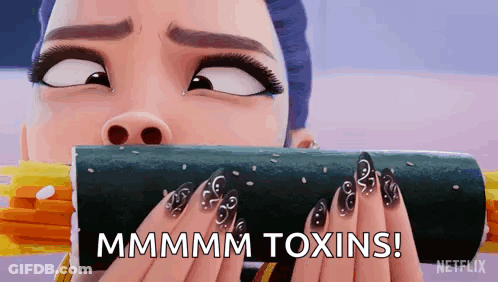 A Woman With Long Nails Is Eating A Roll Of Sushi And Says Mmmmm Toxins ! GIF