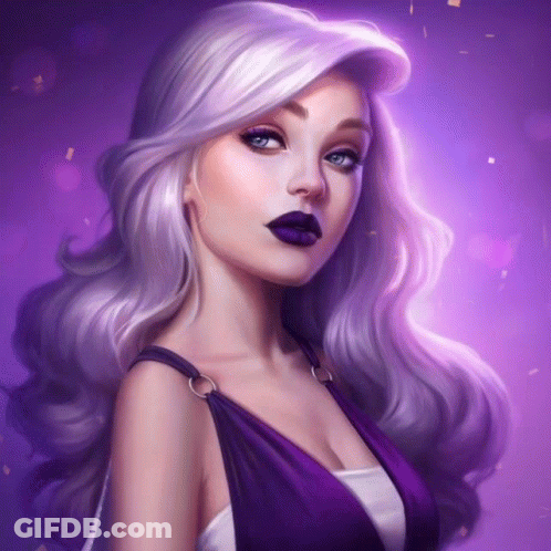 A Woman With Long Purple Hair And Purple Lipstick GIF
