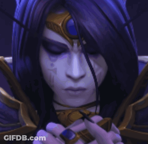 A Woman With Long Purple Hair Is Holding A Cross In Her Hands GIF
