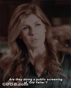 A Woman With Long Red Hair Is Asking If They Are Doing A Public Screening Of ' Old Yeller ' . GIF