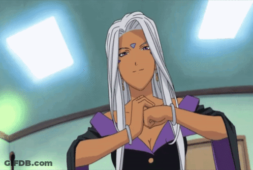 A Woman With Long White Hair And A Blue Diamond On Her Forehead Holds Her Hands Together GIF