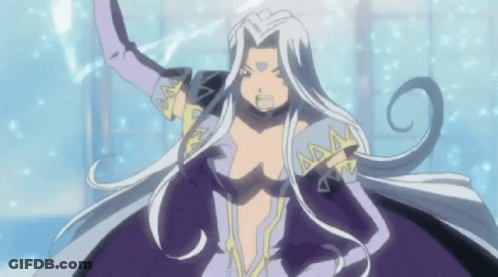 A Woman With Long White Hair And A Purple Dress Is Standing In Front Of A Window GIF