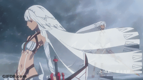 A Woman With Long White Hair Is Holding A Sword In Her Hand GIF