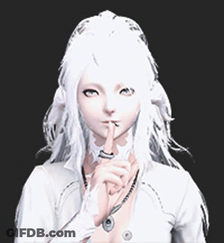 A Woman With Long White Hair Is Holding Her Finger To Her Lips GIF