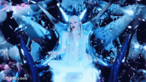 A Woman With Long White Hair Is Surrounded By Blue And Pink Lights . GIF
