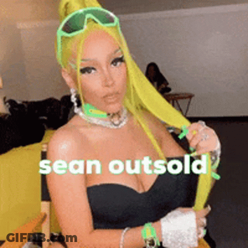 A Woman With Neon Green Hair Is Sitting In A Chair With The Words Sean Outsold On The Bottom GIF