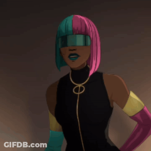 A Woman With Pink And Blue Hair Is Wearing Gloves GIF