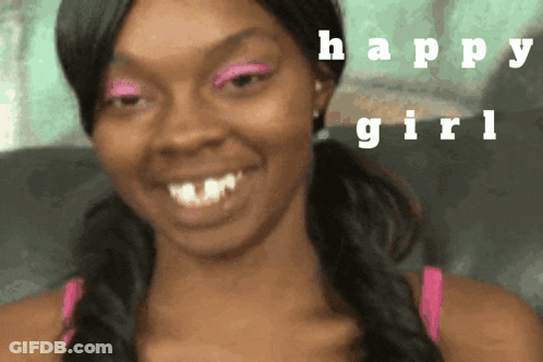 A Woman With Pink Eye Shadow Is Smiling With The Words Happy Girl Behind Her GIF