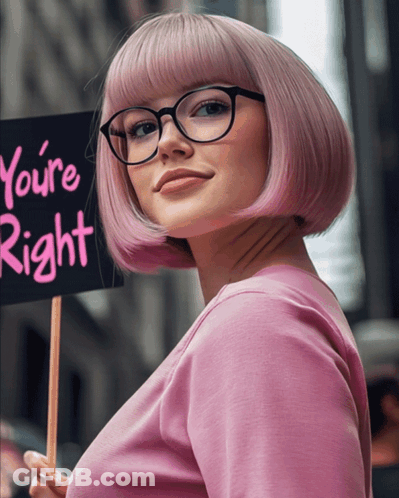 A Woman With Pink Hair And Glasses Holds A Sign That Says You 'Re Right GIF