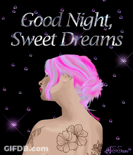 A Woman With Pink Hair Has A Tattoo On Her Back And The Words Good Night Sweet Dreams GIF