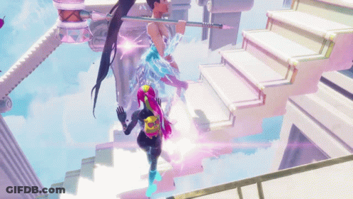 A Woman With Pink Hair Is Holding A Spear In A Video Game Scene GIF