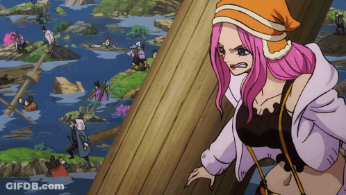 A Woman With Pink Hair Is Standing Next To A Wooden Pole GIF