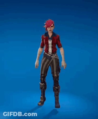 A Woman With Pink Hair Is Standing With Her Arms Outstretched In Front Of A Blue Background GIF