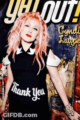 A Woman With Pink Hair Is Wearing A Black Shirt That Says " Thank You " GIF