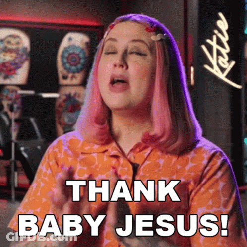 A Woman With Pink Hair Says Thank Baby Jesus . GIF
