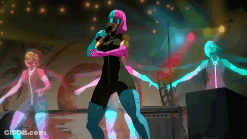 A Woman With Pink Hair Singing Into A Microphone On Stage GIF