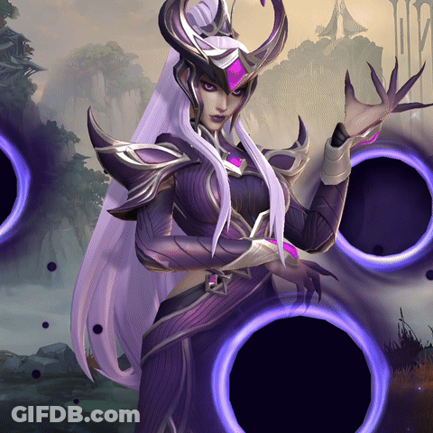 A Woman With Purple Hair And A Purple Helmet Surrounded By Purple Circles GIF