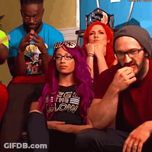A Woman With Purple Hair And A Shirt That Says Feel The Glow GIF