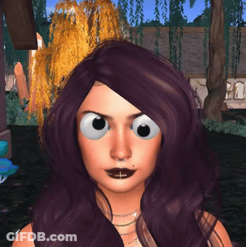 A Woman With Purple Hair And Big Eyes Looks Angry GIF