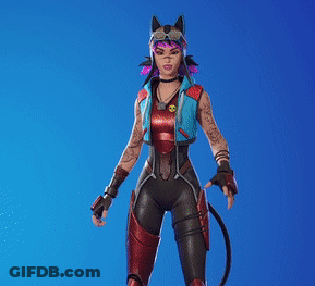 A Woman With Purple Hair And Cat Ears Is Holding A Gun And A Cane . GIF