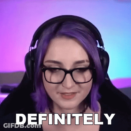 A Woman With Purple Hair And Glasses Is Wearing Headphones And Saying Definitely GIF