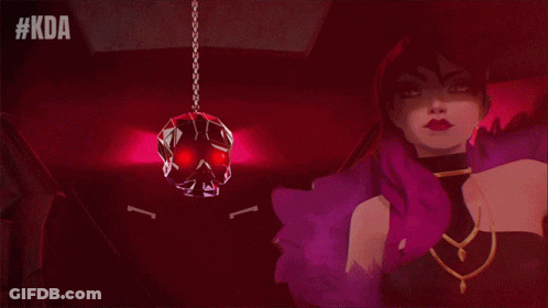 A Woman With Purple Hair And Pink Sunglasses Is Standing In A Dark Room With #Kda Written Above Her GIF