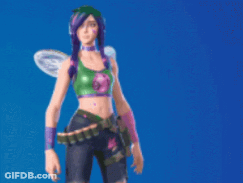 A Woman With Purple Hair And Wings Is Standing In Front Of A Blue Background In A Video Game . GIF