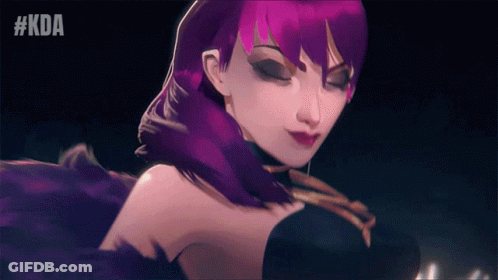 A Woman With Purple Hair Has The Hashtag #Kda On The Bottom Right GIF
