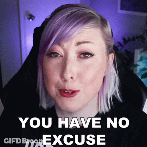 A Woman With Purple Hair Has The Words You Have No Excuse Above Her GIF