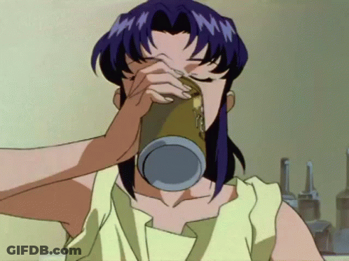 A Woman With Purple Hair Is Drinking From A Can With Her Eyes Closed GIF