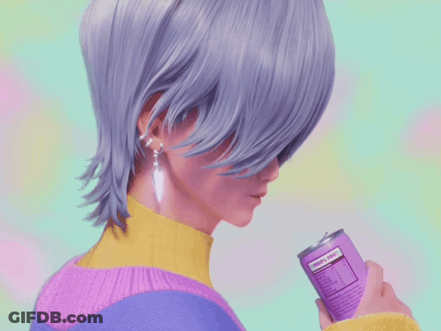 A Woman With Purple Hair Is Holding A Can Of Soda That Says " Today 'S Tea " On The Label GIF