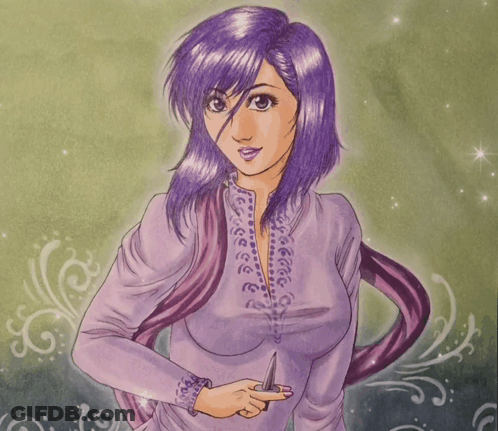 A Woman With Purple Hair Is Holding A Knife GIF