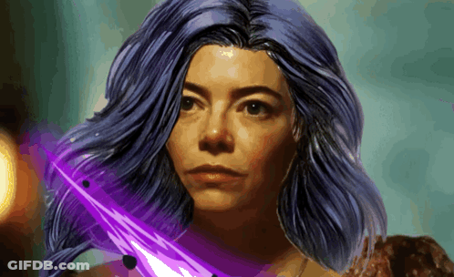 A Woman With Purple Hair Is Holding A Sword GIF