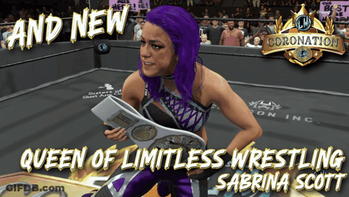 A Woman With Purple Hair Is In A Wrestling Ring With The Words Queen Of Limitless Wrestling Sabrina Scott Above Her GIF