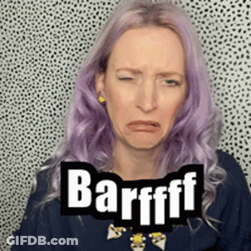 A Woman With Purple Hair Is Making A Funny Face With The Word Barfff Written On It . GIF