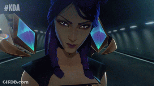 A Woman With Purple Hair Is Standing In A Dark Tunnel With #Kda Written On The Bottom Right GIF