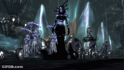 A Woman With Purple Hair Is Standing In Front Of A Group Of People GIF