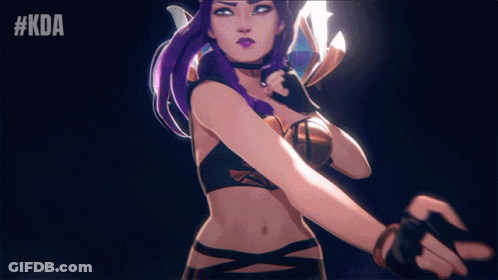 A Woman With Purple Hair Is Standing In Front Of A #Kda Sign GIF