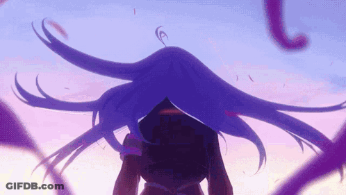 A Woman With Purple Hair Is Standing In Front Of A Purple Sky . GIF