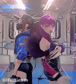 A Woman With Purple Hair Is Standing Next To Another Woman In A Mask GIF