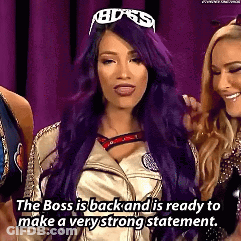 A Woman With Purple Hair Is Standing Next To Two Other Women And Says The Boss Is Back And Is Ready To Make A Very Stron GIF