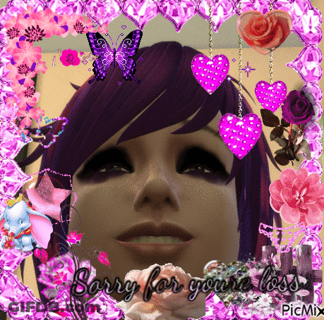 A Woman With Purple Hair Is Surrounded By Pink Flowers And Hearts And Says Sorry For Your Loss GIF