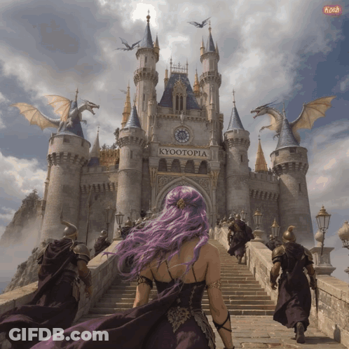 A Woman With Purple Hair Is Walking Up Stairs Towards A Castle Called Kyotopia GIF