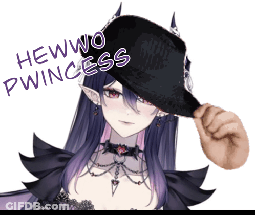 A Woman With Purple Hair Is Wearing A Black Hat That Says Hewwo Pwiness GIF