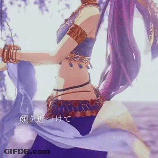 A Woman With Purple Hair Is Wearing A Blue Skirt And A Blue Top GIF