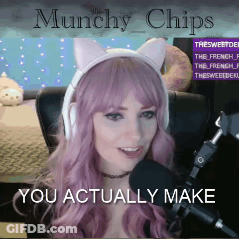 A Woman With Purple Hair Is Wearing Headphones And A Cat Ear Headband And Says " You Actually Make " GIF