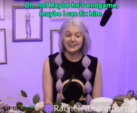 A Woman With Purple Hair Says Oh No Maybe He 'S Endgame Maybe I Can Fix Him . GIF