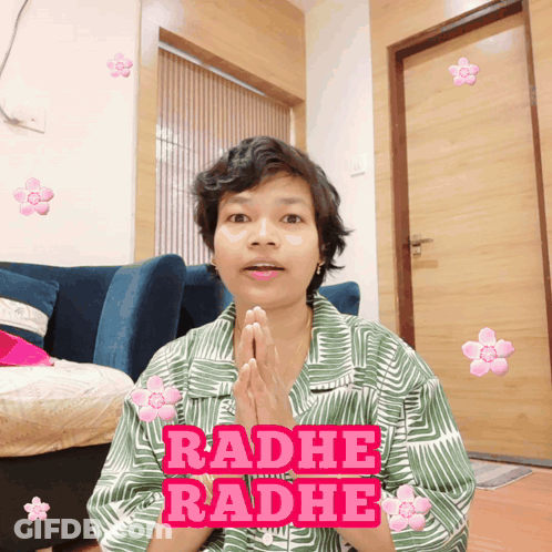 A Woman With Radhe Radhe Written On Her Sleeve GIF